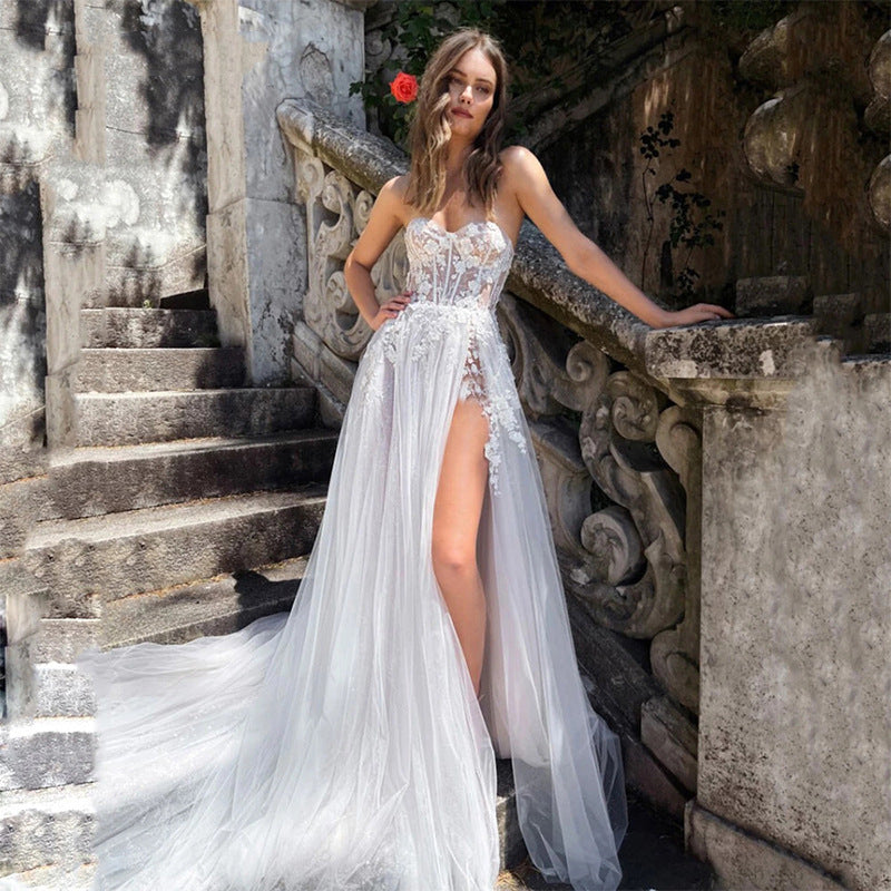 White Lace Ribbed Wedding Dress