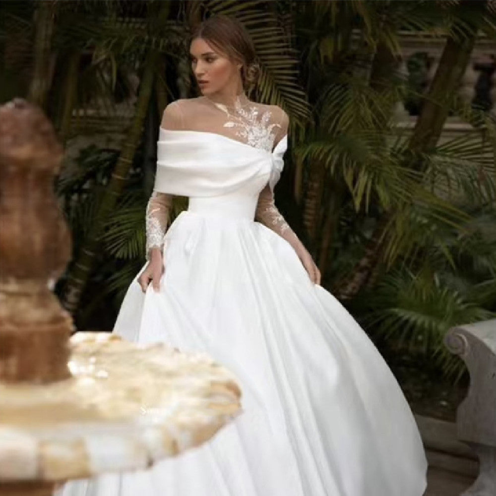 Raglan Long Sleeve White Satin Wedding Dress