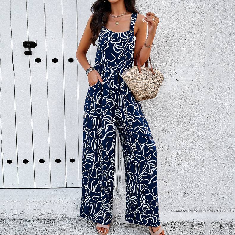 Fashion Print Square Neck Jumpsuit With Pockets