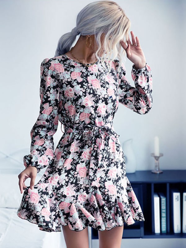 Short skirt Floral Long -sleeved dress