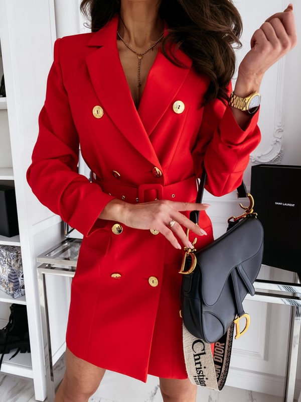 Long sleeve belt color suit dress coat