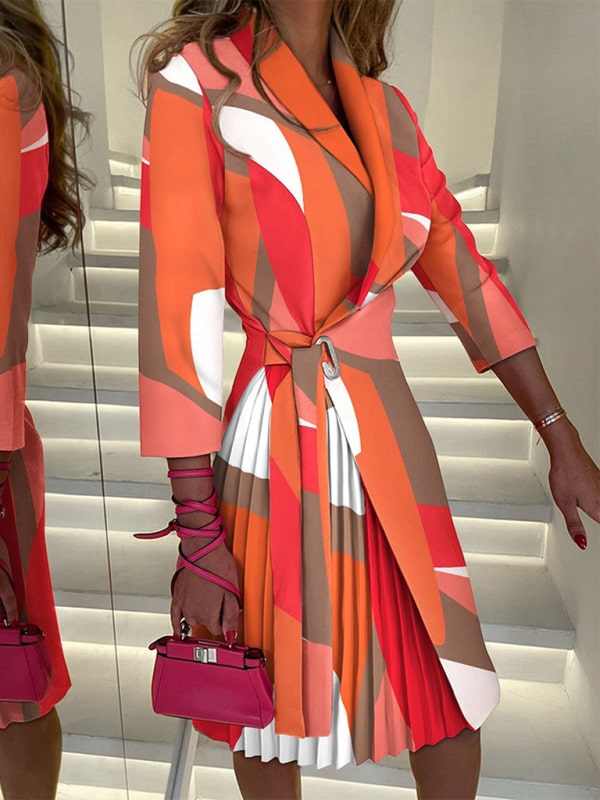 Orange Mid-Sleeve Pleated Suit Dress