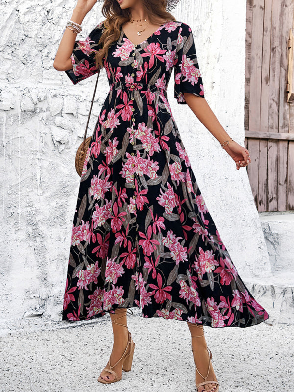 Spring and Summer Casual Floral Print Slit Dress
