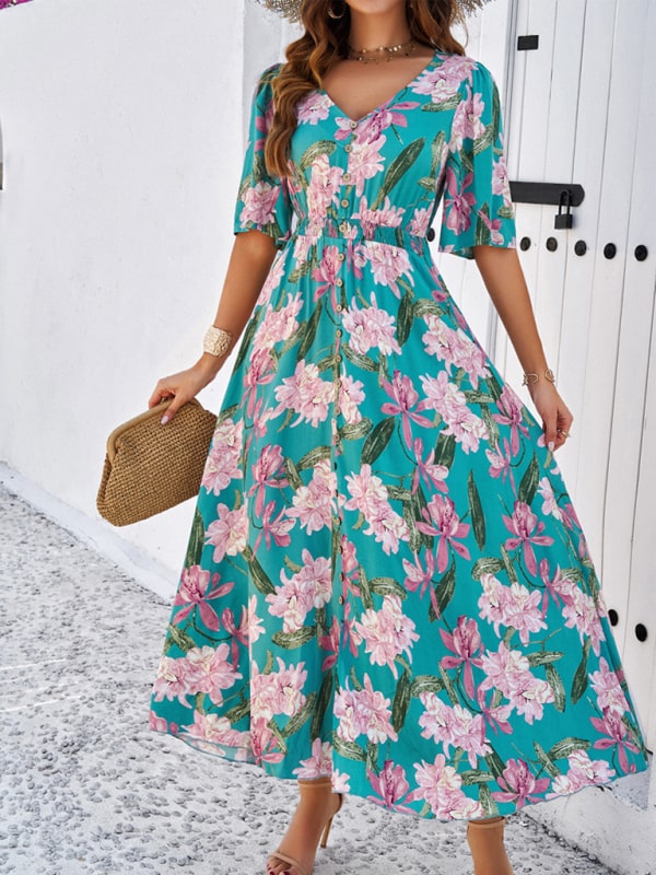Spring and Summer Casual Floral Print Slit Dress